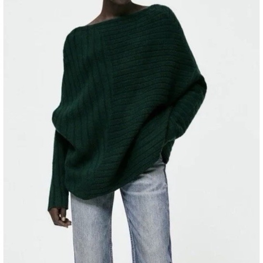 Zara Chunky Cozy Green V-neck Back Wool Oversized Boat Neck Pullover Sweater M/L